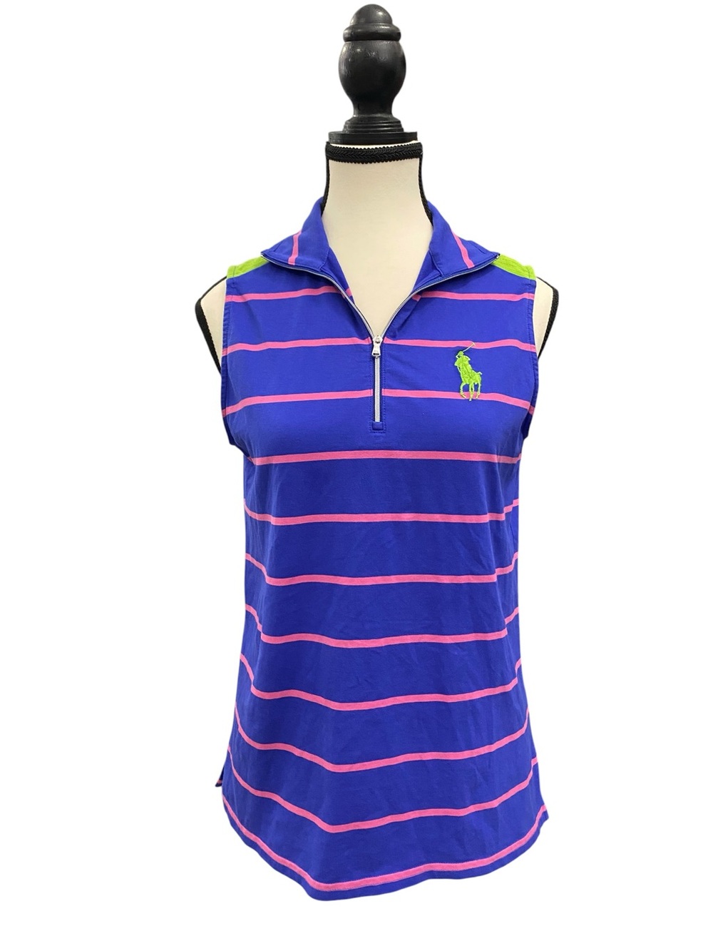 Polo Golf Ralph Lauren Blue Top with Pink Stripes & Lime Colour Logo Size M